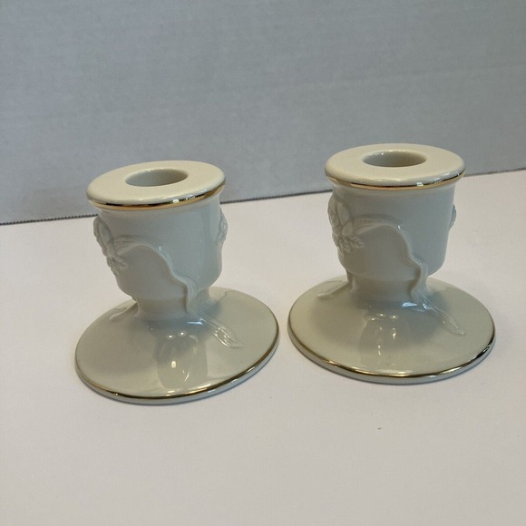 Vintage Lenox Ivory Gold Trim Porcelain Candleholders Tapers Pair Roses - Picture 8 of 12